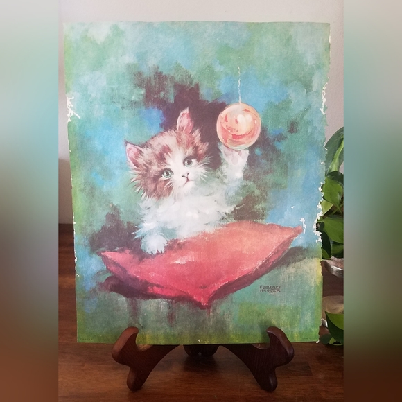 Vintage Print By Florence Kroger Kitten Cat w/ Christmas Ornament Unframed Art - Picture 1 of 8